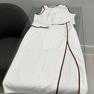 Elegant White Sleeveless skirt & top set with Brown Trim